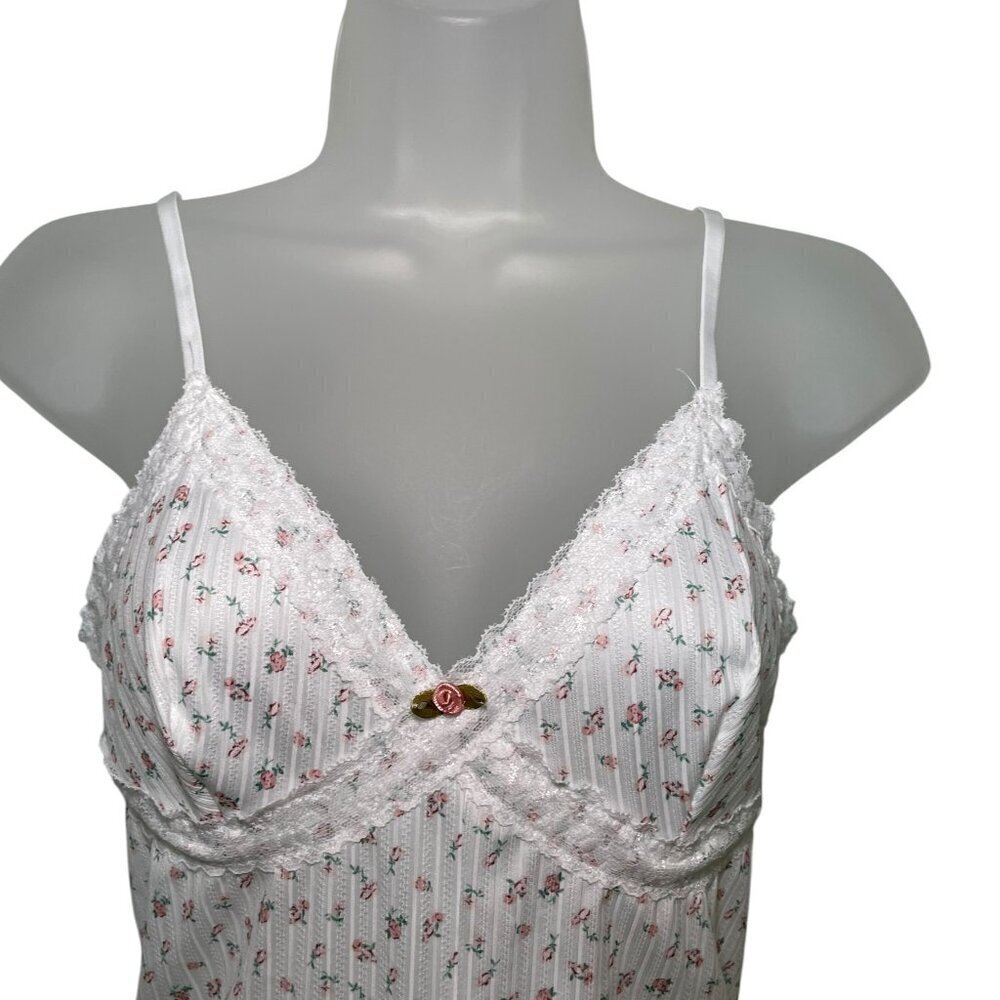 Lace Trim Floral Ribbed Knit Romper Bodysuit V Neck Adjustable Straps Size - Picture 3 of 5